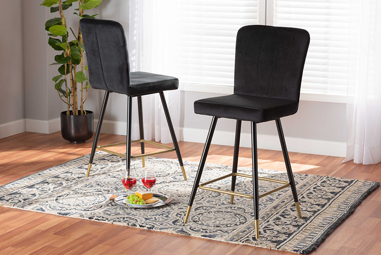 Baxton Studio Preston Modern Luxe and Glam Black Velvet Fabric Upholstered and Two-Tone Black and Gold Finished Metal 2-Piece Bar Stool Set DC179-Black Velvet/Gold-BS