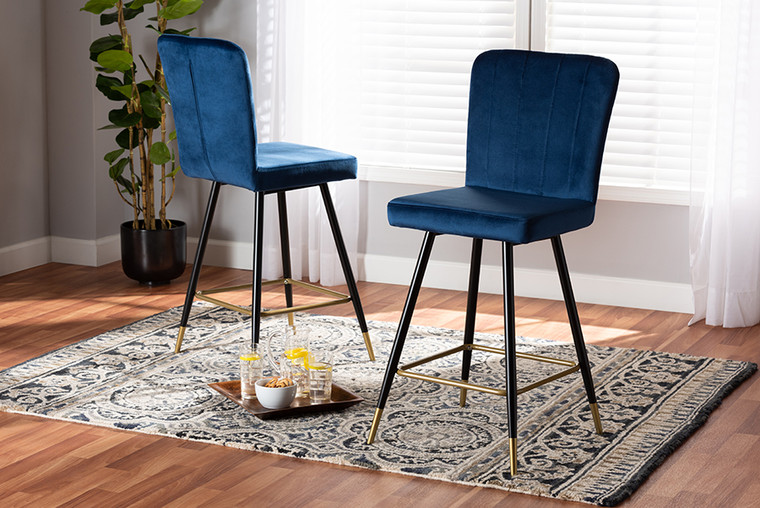 Baxton Studio Preston Modern Luxe and Glam Navy Blue Velvet Fabric Upholstered and Two-Tone Black and Gold Finished Metal 2-Piece Bar Stool Set DC179-Navy Blue Velvet/Gold-BS
