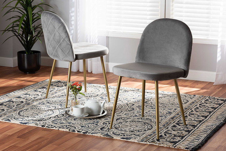 Baxton Studio Fantine Modern Luxe and Glam Grey Velvet Fabric Upholstered and Gold Finished Metal 2-Piece Dining Chair Set DC176-Grey Velvet/Gold-DC