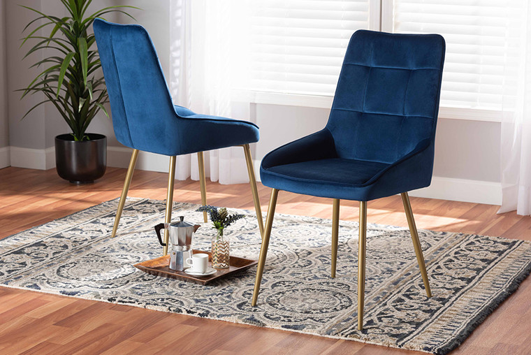 Baxton Studio Gavino Modern Luxe and Glam Navy Blue Velvet Fabric Upholstered and Gold Finished Metal 2-Piece Dining Chair Set DC178-Navy Blue Velvet/Gold-DC