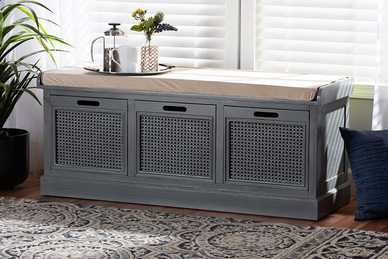 Baxton Studio Sheldon Modern and Contemporary Vintage Beige Fabric Upholstered Grey Finished Wood and Synthetic Rattan 3-Drawer Entryway Shoe Storage Bench JY20B067-Grey-Shoe Bench