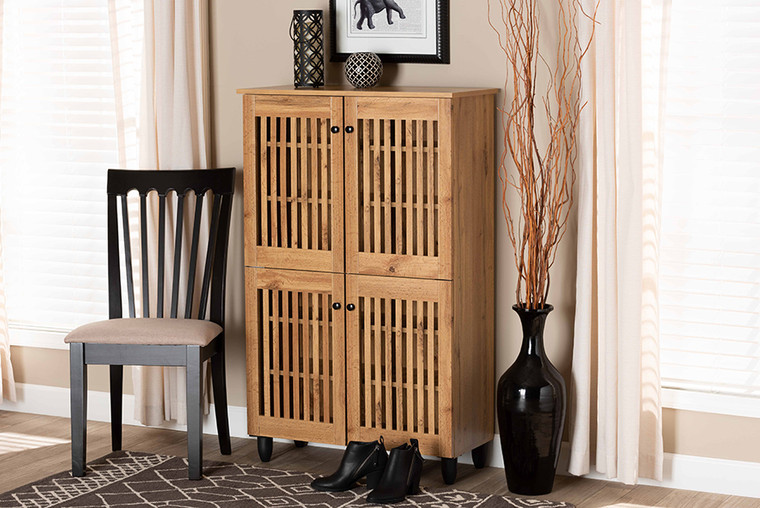 Baxton Studio Fernanda Modern and Contemporary Oak Brown Finished Wood 4-Door Shoe Storage Cabinet SC864574 A-Wotan Oak