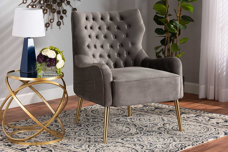 Baxton Studio Nelson Modern Luxe and Glam Grey Velvet Fabric Upholstered and Gold Finished Metal Armchair TSF-6741-Grey Velvet/Gold-CC