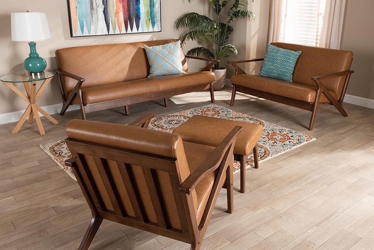 Baxton Studio Bianca Mid-Century Modern Walnut Brown Finished Wood and Tan Faux Leather Effect 4-Piece Living Room Set Bianca-Tan/Walnut Brown-4PC Set