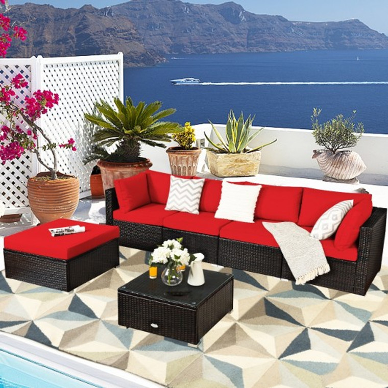 6 Pieces Outdoor Patio Rattan Furniture Set Sofa Ottoman-Red HW63878RE+