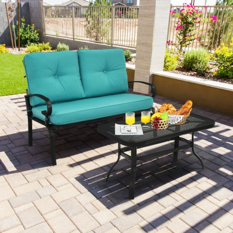2Pcs Patio Loveseat Bench Table Furniture Set With Cushioned Chair-Turquoise NP10179TU