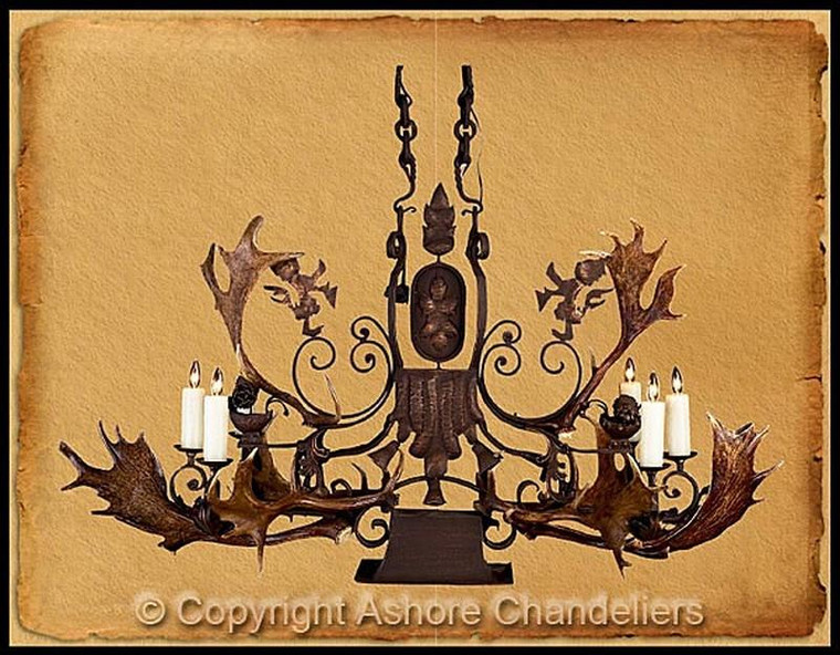 6 Light Lion w/ Down Light & Antlers Chandelier In Bronze CH-1013-D-WA