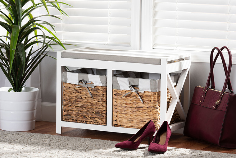 Baxton Studio Abarne Modern and Contemporary Grey and White Fabric Upholstered and White Finished Wood Storage Bench with Baskets FZC19011-White