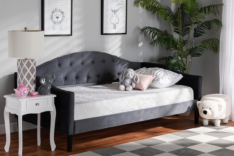 Baxton Studio Benjamin Modern and Contemporary Grey Velvet Fabric Upholstered and Dark Brown Finished Wood Full Size Daybed Benjamin-Grey Velvet-Daybed-Full