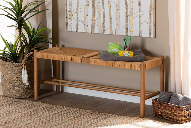 Baxton Studio Saura Mid-Century Modern Oak Brown Finished Wood and Hemp Dining Bench SK9151-Oak-Bench