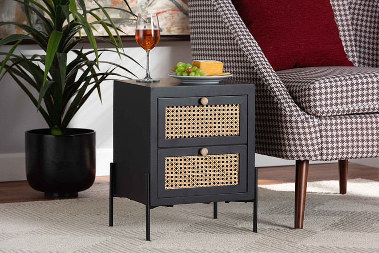 Baxton Studio Rimba Mid-Century Modern Natural Rattan and Black Finished Wood 2-Drawer Nightstand 7632-Black/Rattan-NS