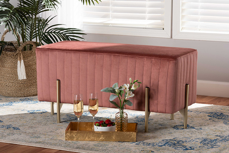 Baxton Studio Helaine Contemporary Glam and Luxe Blush Pink Fabric Upholstered and Gold Metal Bench Ottoman FZD200124-Blush Pink-Bench