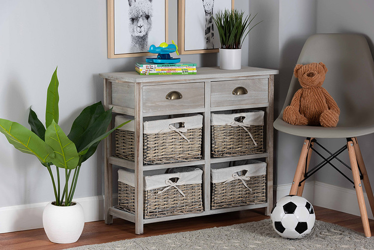 Baxton Studio Vella Modern and Contemporary Grey Finished Wood 2-Drawer Storage Unit With Baskets FZC200360-Light Grey-Cabinet