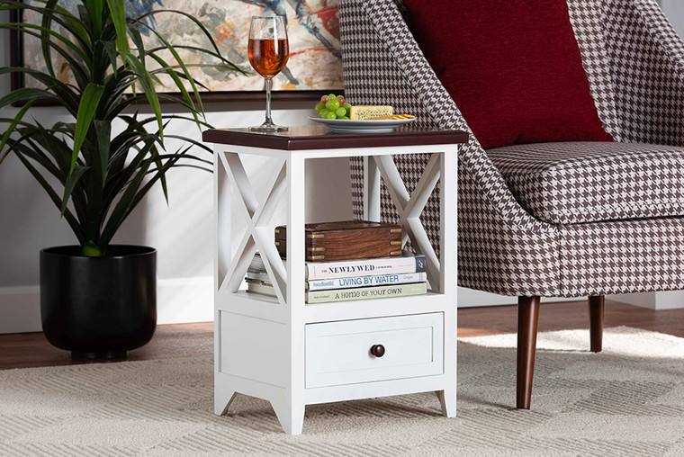 Baxton Studio Vesta Modern and Contemporary Two-Tone White and Dark Brown Finished Wood 1-Drawer End table FZCB190806-White/Dark Brown-ET