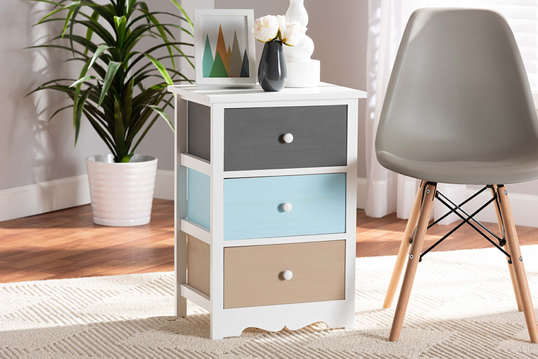 Baxton Studio Kalila Modern and Contemporary White and Multi-Colored Finished Wood 3-Drawer Nightstand FZC180826-Multi Colored-NS