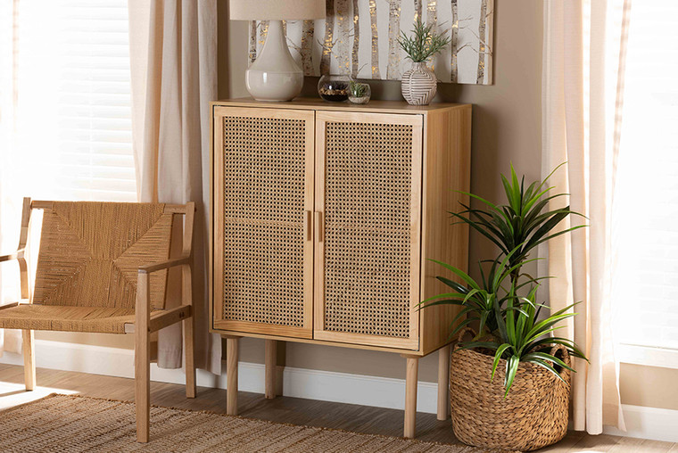 Baxton Studio Maclean Mid-Century Modern Rattan and Natural Brown Finished Wood 2-Door Storage Cabinet FM203-008-Natural Wooden-Cabinet