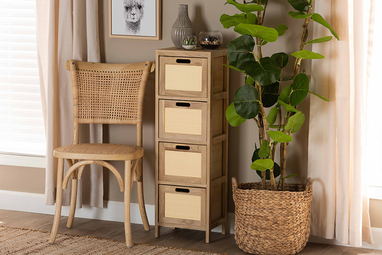Baxton Studio Paolo Mid-Century Modern Natural Brown Finished Wood and Rattan 4-Drawer Storage Unit FMA-0073-Tan 4 Drawer-Cabinet