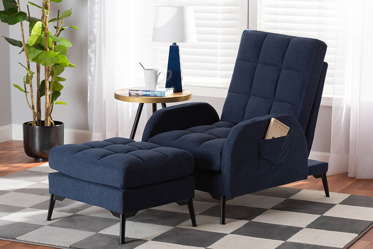 Baxton Studio Belden Modern and Contemporary Navy Blue Velvet Fabric Upholstered and Black Metal 2-Piece Recliner Chair and Ottoman Set T-3-Velvet Navy Blue-Chair/Footstool Set