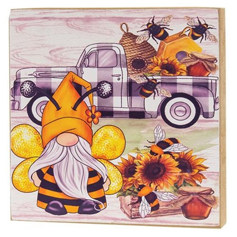 *Bumblebee Gnome W/Buffalo Check Truck Square Block G06603 By CWI Gifts