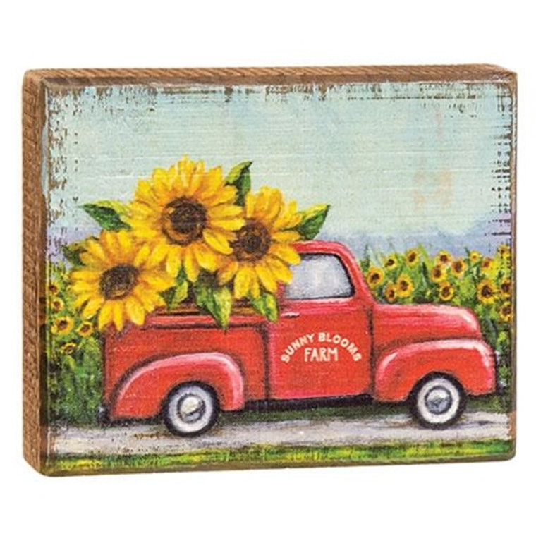 Sunny Blooms Farm Sunflower Truck Distressed Block Sign G111688 By CWI Gifts