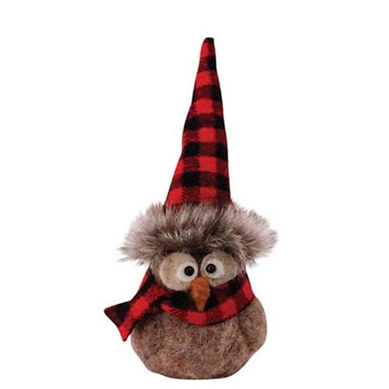 Sitting Felted Owl W/Red/Black Plaid Hat Ornament GHBY2604 By CWI Gifts
