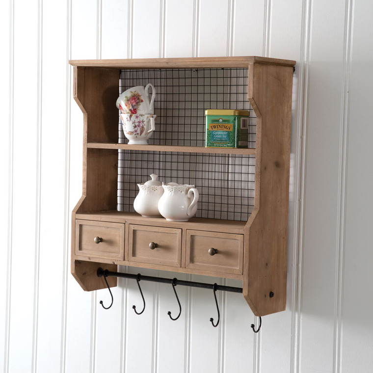CTW Home Wood Organizer Shelf With Drawers And Hooks 530515