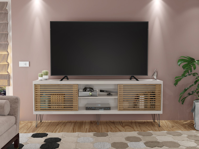 Homeroots Farmhouse Tv Stand With Metal Legs And Wood-Slat Sliding Doors 70 Inch Tv 376007