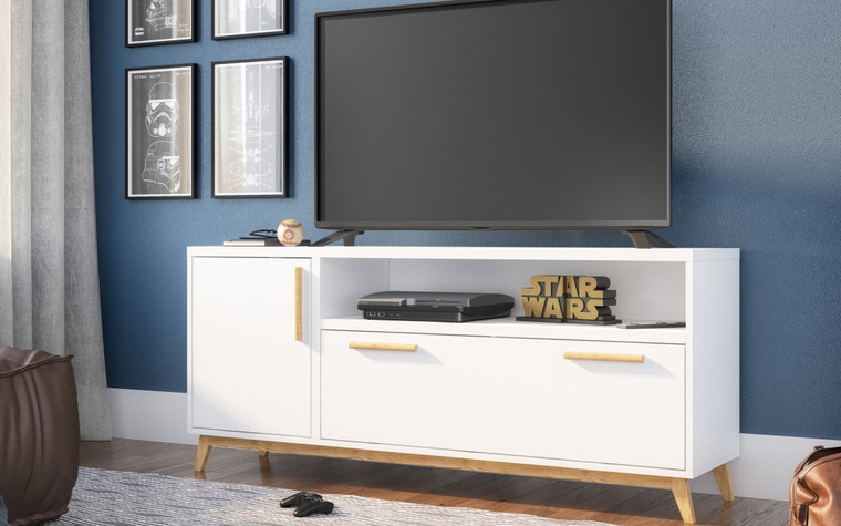 Homeroots Modern White And Natural Long Door Tv Stand 389030