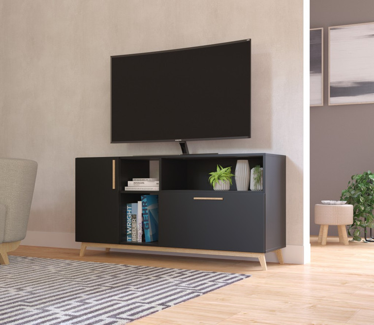 Homeroots Modern Black And Natural Asymmetrical Tv Stand 389031