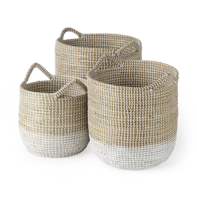 Homeroots Set Of Three Beige And White Storage Baskets 392165