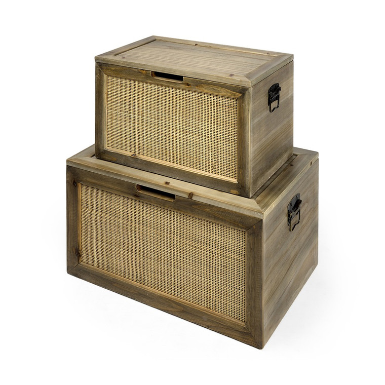 Homeroots Set Of Two Wood And Cane Storage Boxes 392593