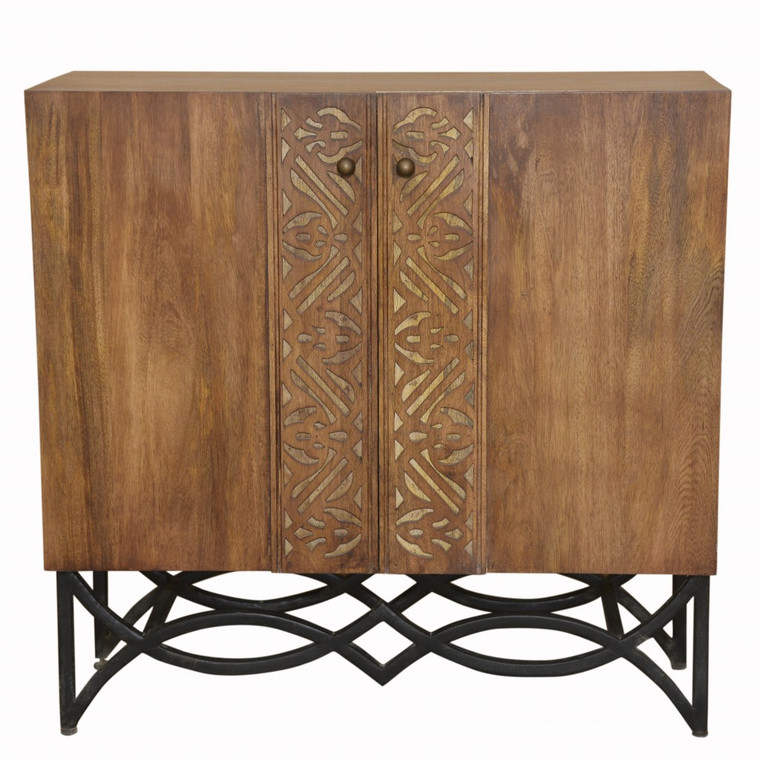 Homeroots Natural Wood And Black Iron Scroll Double Door Cabinet 394459