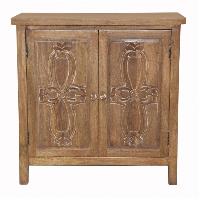Homeroots Artisanal Handcarved Natural Wood Double Door Cabinet 394462