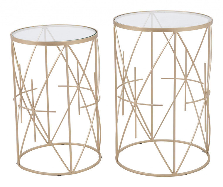 Homeroots Set Of Two Geometric Gold And Glass Side Tables 394572