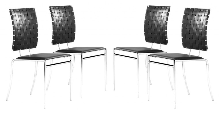 Homeroots Set Of Four Black Faux Leather And Steel Modern Basket Weave Dining Chairs 394739