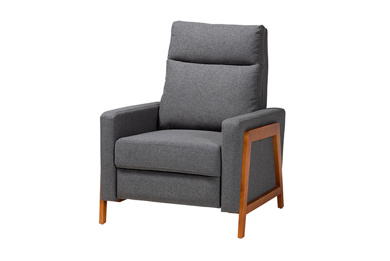 Baxton Studio Halstein Mid-Century Modern Grey Fabric and Walnut Brown Finished Wood Lounge Chair 1706-Gray