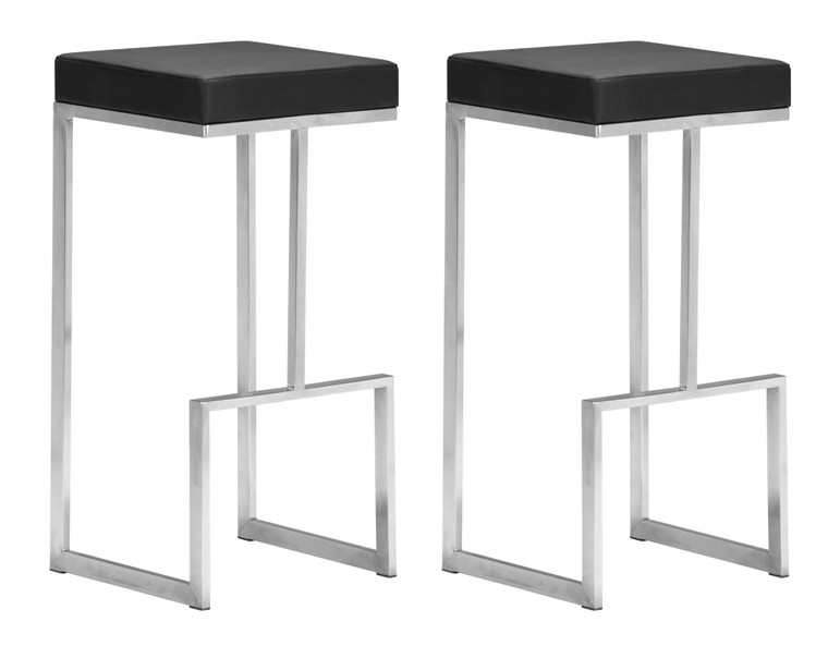 Homeroots Set Of Two Black Faux Leather And Stainless Geometric Backless Barstools 396352