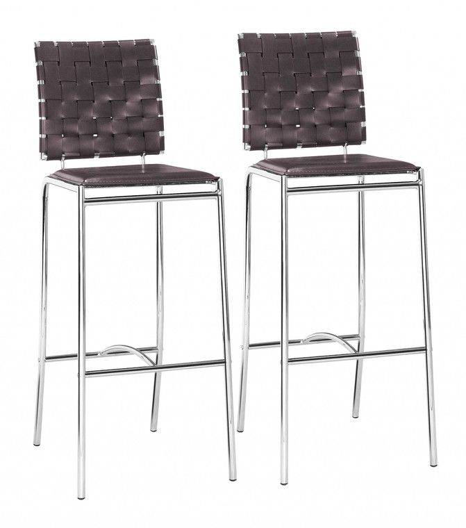 Homeroots Set Of Two Brown Faux Leather And Steel Modern Basket Weave Bar Chairs 396448