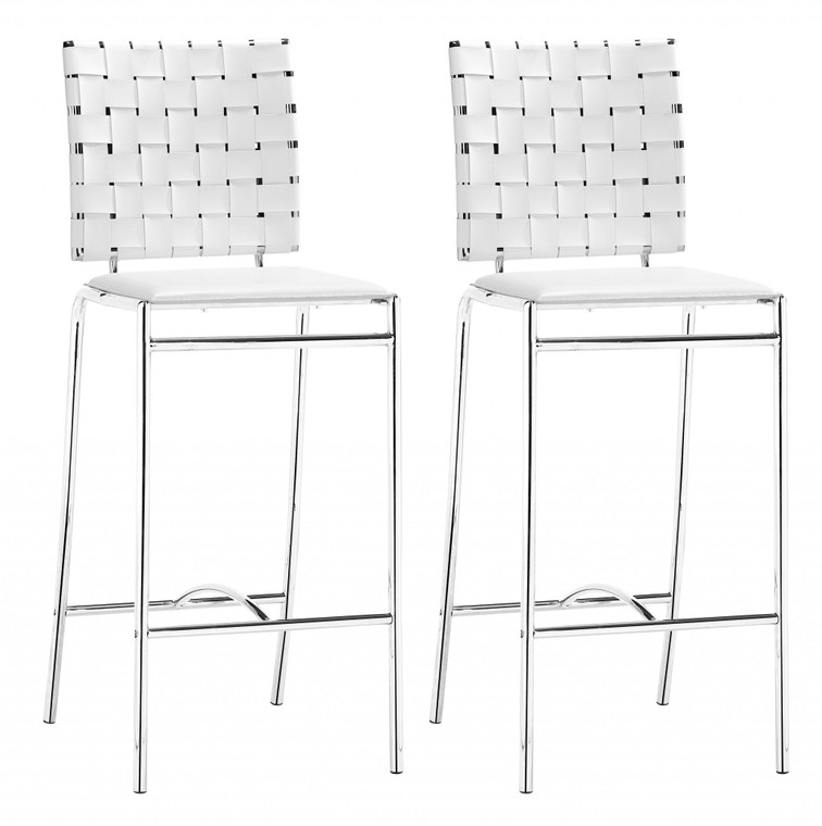 Homeroots Set Of Two White Faux Leather And Steel Modern Basket Weave Counter Height Chairs 396510