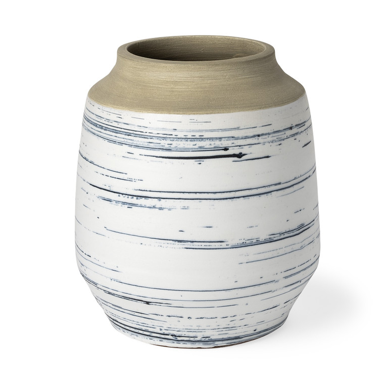 Homeroots 10" Blue White And Sand Coastal Ceramic Vase 397528