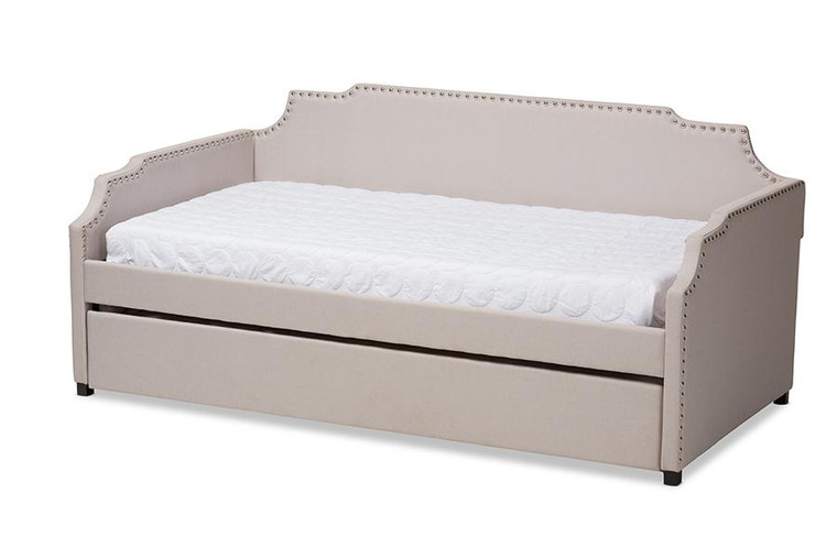 Baxton Studio Twin Size Sofa Daybed With Roll Out Trundle Guest Bed Ally-Beige-Daybed