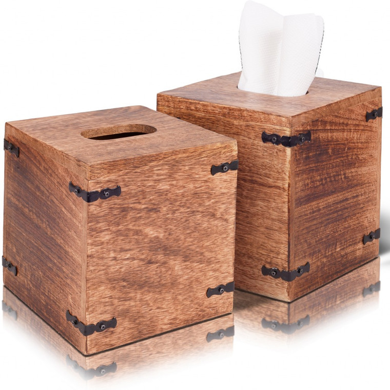 Homeroots Set Of 2 Rustic Natural Mango Wood Square Tissue Holders 397647