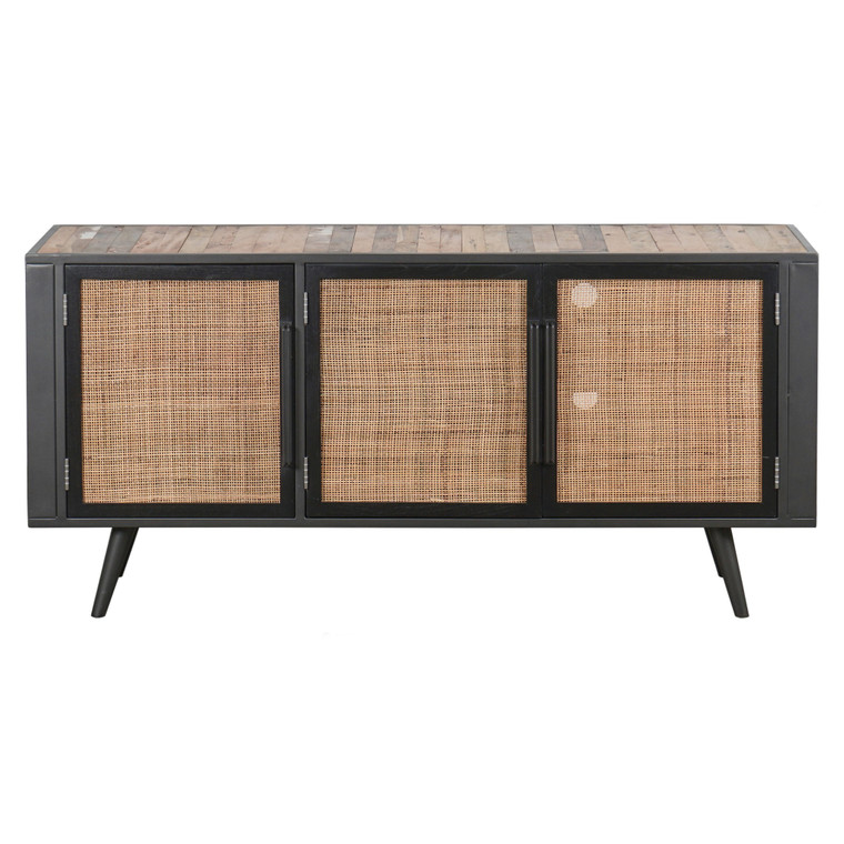 Homeroots Rustic Black Natural And Rattan Media Cabinet With Three Doors 397768