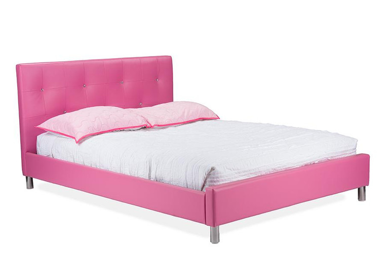 Baxton Studio Barbara Pink Leather Full Bed with Button Tufted BBT6140-Full-Pink