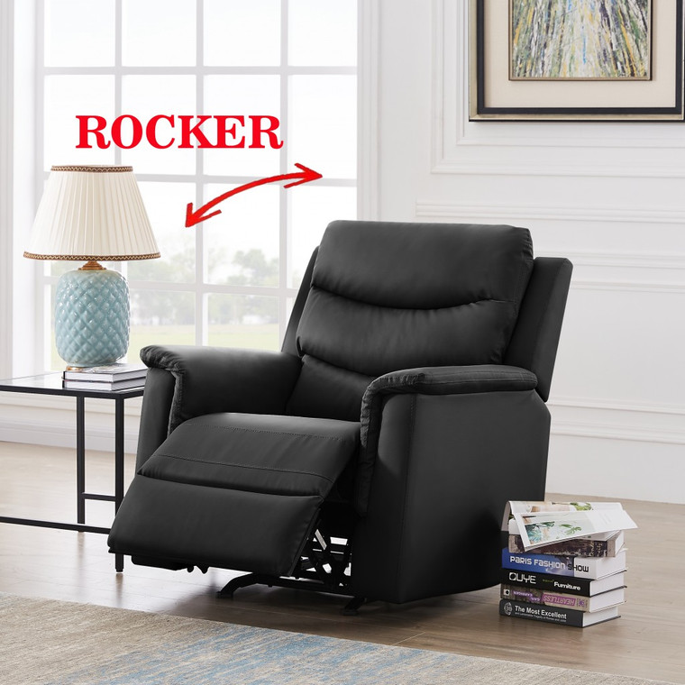 Homeroots Pillow Rocker Black Faux Leather Recliner Chair 402530