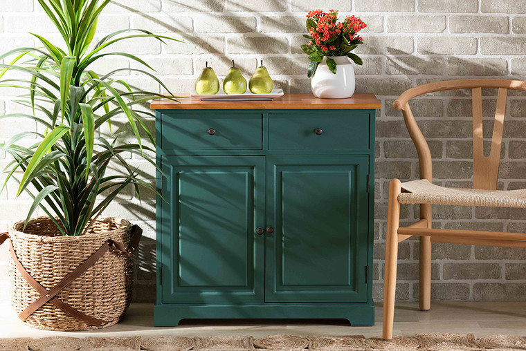 Baxton Studio Garner Modern and Contemporary Two-Tone Turquoise and Oak Brown Finished Wood 2-Drawer Kitchen Cabinet FZC200374-Wooden Blue Green-Cabinet