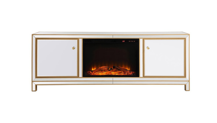 Elegant Reflexion 72 In. Mirrored Tv Stand With Wood Fireplace In Gold MF70172G-F1