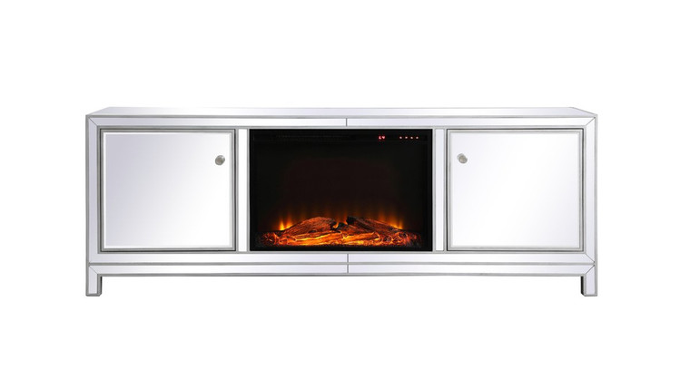Elegant Reflexion 72 In. Mirrored Tv Stand With Wood Fireplace In Antique Silver MF70172S-F1