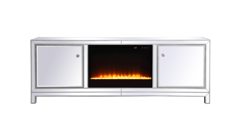 Elegant Reflexion 72 In. Mirrored Tv Stand With Crystal Fireplace In Antique Silver MF70172S-F2