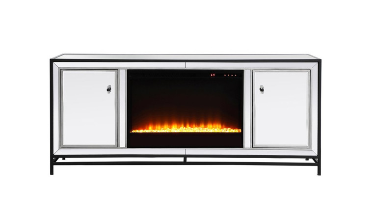 Elegant James 60 In. Mirrored Tv Stand With Crystal Fireplace In Black MF701BK-F2